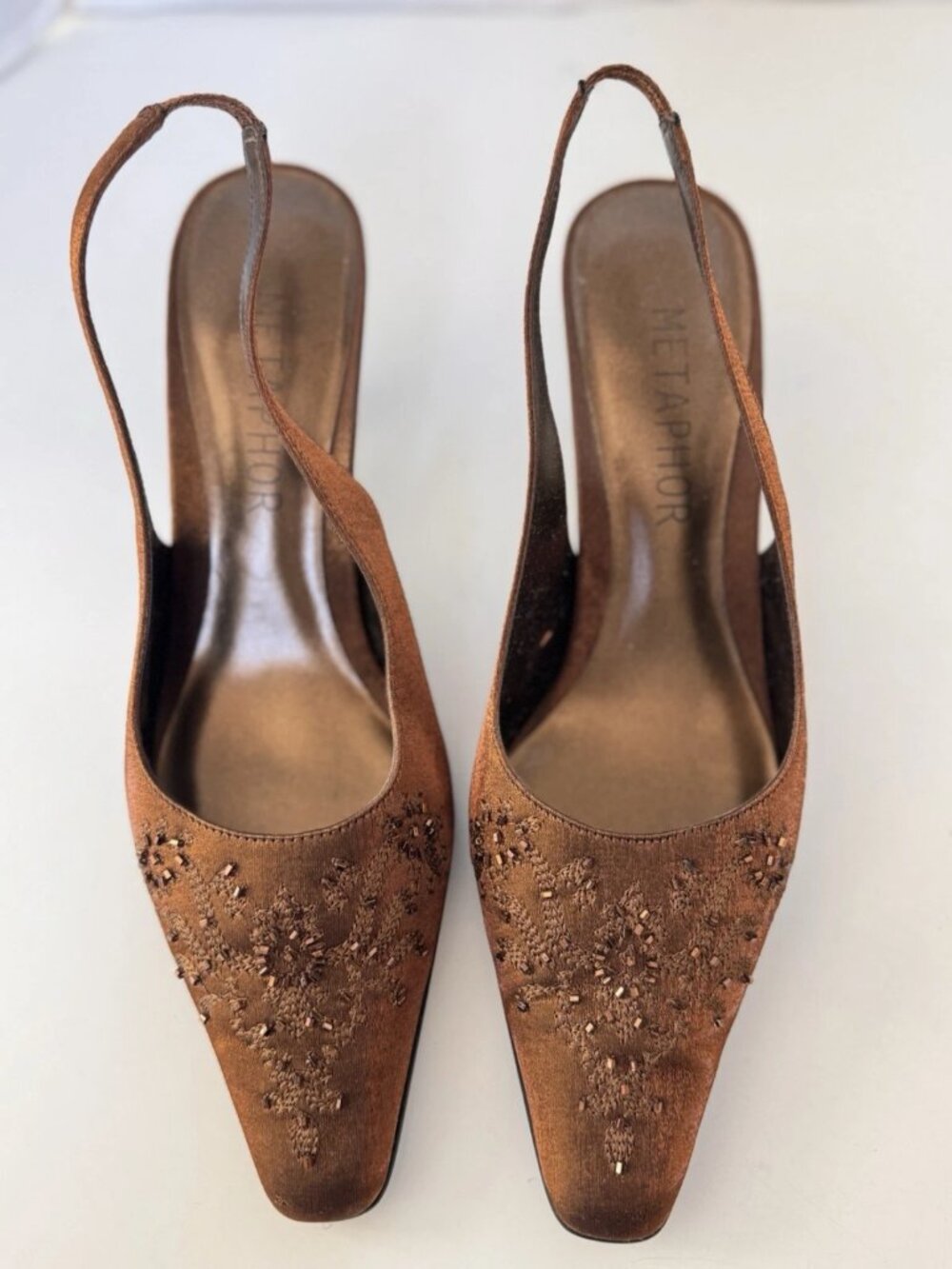 Vintage Y2K Metaphor Beaded Metallic Bronze Slingback Heels